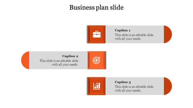 Business plan layout featuring three orange icons in square frames and captions aligned horizontally on gray boxes.