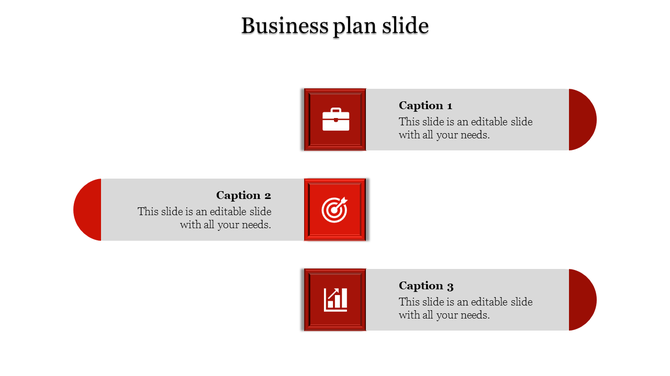 Business plan slide with red themed icons briefcase, target, and bar chart with captions.