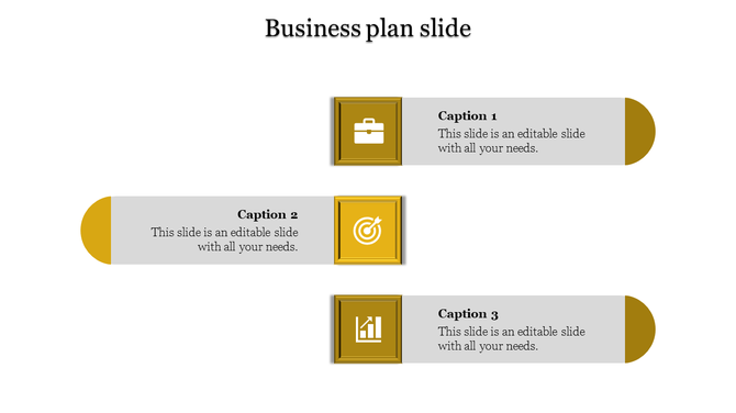 Business plan slide with three rows, featuring yellow framed icons, gray captions, and rounded shapes on each side.