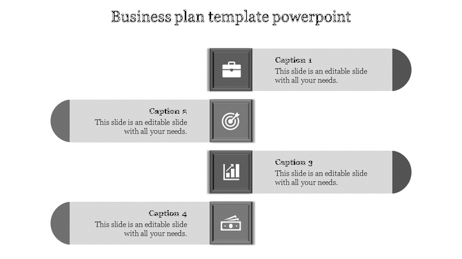 Four step business slide with gray icons and horizontal bars for captions, and circular accents on the sides.