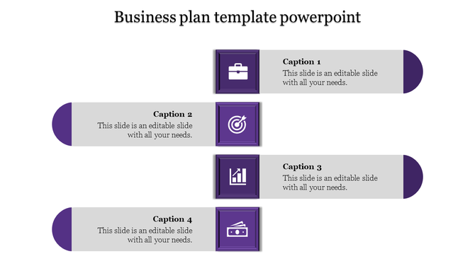 Business plan slide with four rows of purple framed icons, gray captions, and rounded shapes on each side.