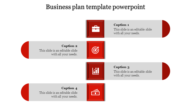 Structured business plan template with red-themed icons inside 3D square frames, illustrating different phases