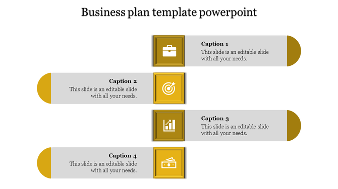 Business plan PowerPoint template featuring gold icons briefcase, target, bar chart, and money with captions.