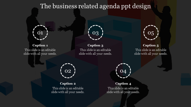 Business agenda layout with five numbered circles and captions, overlaid on silhouettes with colorful blocks.
