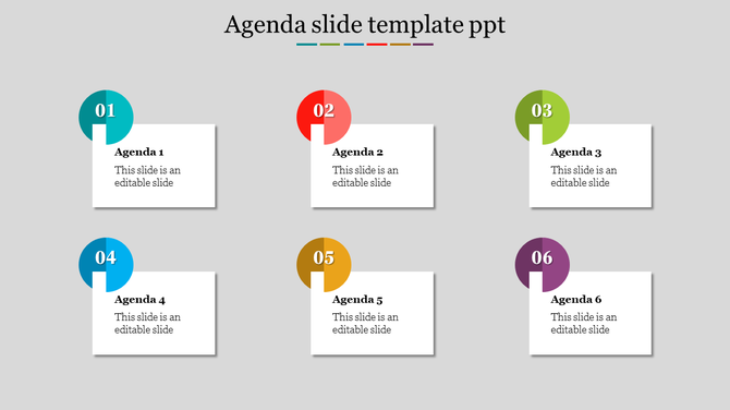 Agenda slide with six numbered circles in various colors, each connected to white text boxes on a gray background.