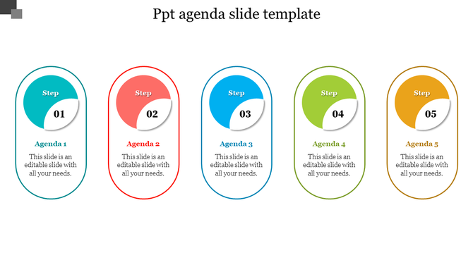 Agenda template with five steps in vibrant ovals, each representing a different agenda item, paired with  caption areas.