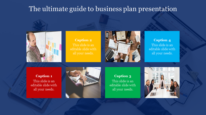 Business plan slide with a grid layout featuring four colorful captions and images on a blue background.