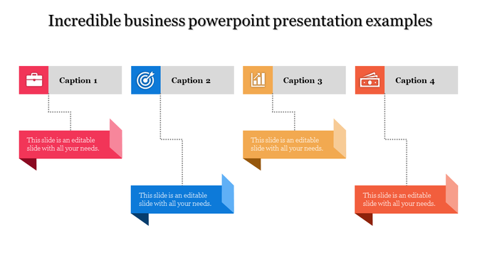 Business template with four colored blocks, each representing a business element like toolbox, target, graph, and finance.