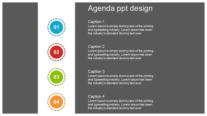 Gray agenda slide with four numbered colorful circles and captions aligned vertically on the right.