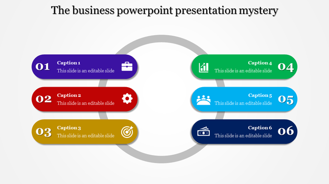 Colorful circular infographic with six captions in oval shapes, each labeled with numbers and icons on a light background.