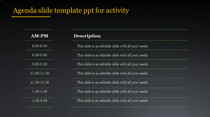 Agenda PPT slide with a schedule divided into time slots and descriptions for each.