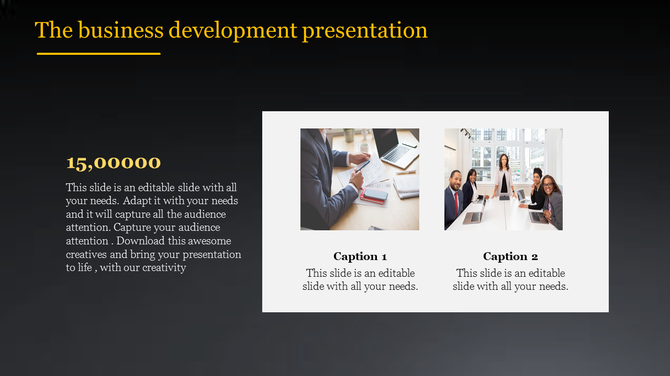 Dark background slide featuring a text section with a large number, alongside two business themed images with captions.