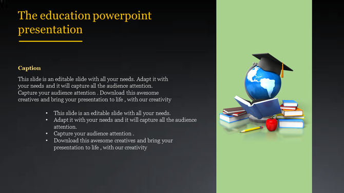 Education themed slide featuring a globe with a graduation cap, surrounded by books, an apple, and a pencil.