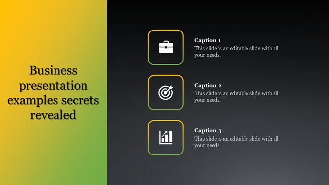 Business slide with three editable caption sections and relevant icons, featuring a gradient background.
