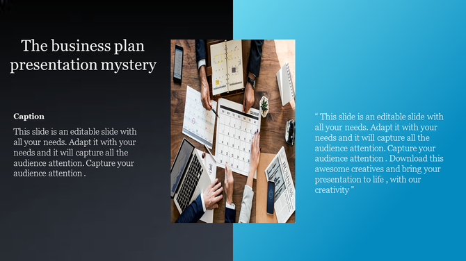 Business plan PowerPoint slide showing a team collaborating over a desk with a laptop, calendar, and business documents.