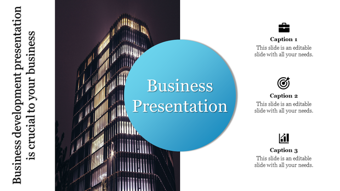 Modern building image  with blue circular overlay labeled  for business and with  icon and captions areas.