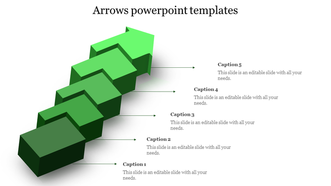 Layered green arrow design showing five levels with placeholder text areas placed in a white backdrop.