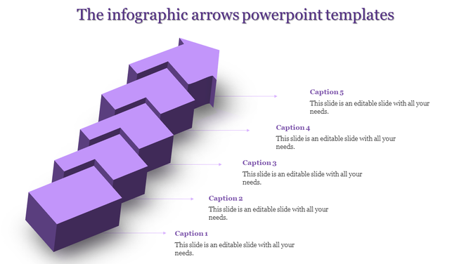 Infographic PowerPoint template with purple 3D arrows and five caption sections.