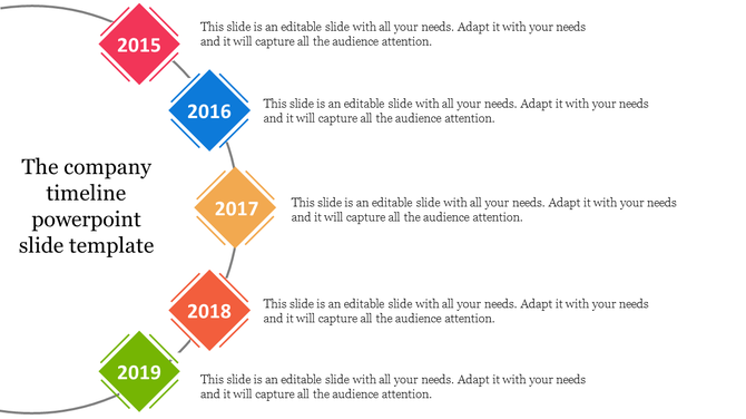 Curved company timeline with highlighted years 2015-2019 in diamond shapes and placed with captions areas.