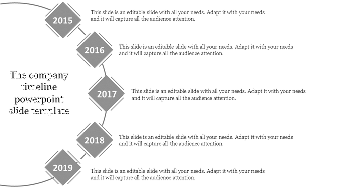 Company timeline PowerPoint slide with diamond shaped markers for the years 2015 to 2019, each with captions.