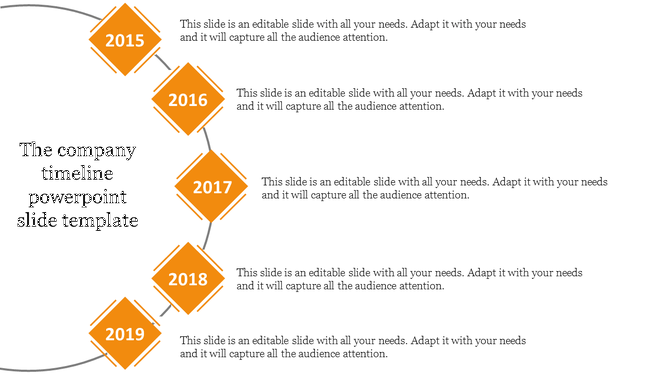 Company timeline PowerPoint slide with orange diamond shaped markers for the years 2015 to 2019, each with text.