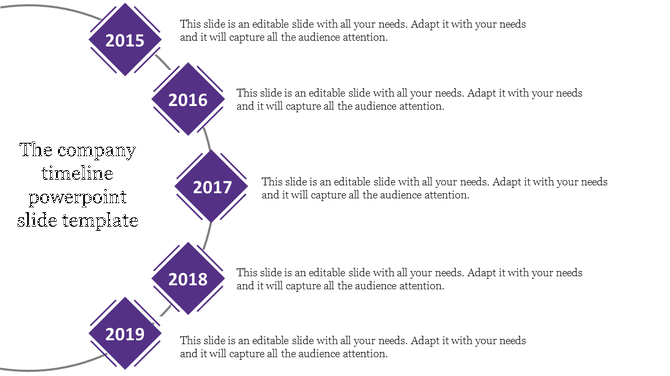 Timeline infographic in diamond shape with five stages, labeled with years each containing a caption areas.