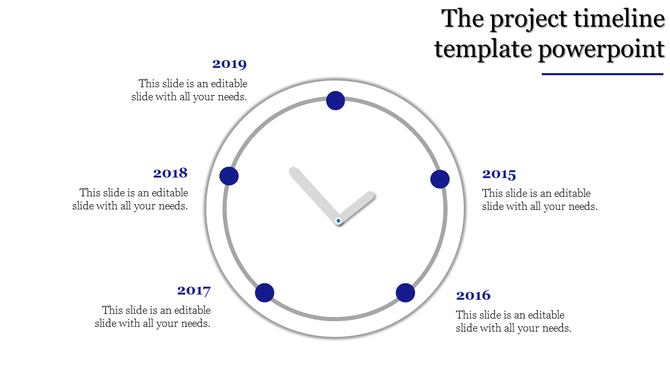 Project timeline in a circular clock format with years 2015 through 2019, featuring caption areas.