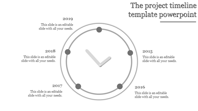 Gray clock themed timeline with years 2015 to 2019 placed around it, representing project milestones.