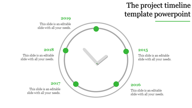 Project timeline slide with a circular clock like diagram featuring five green markers for years 2015 to 2019.