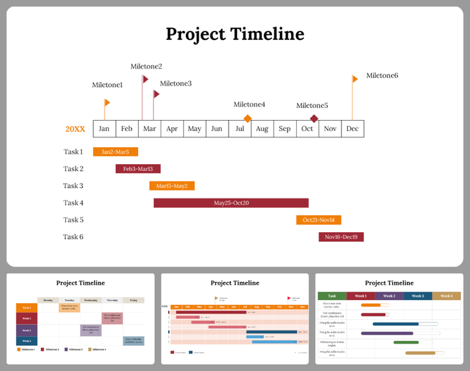 Horizontal project timeline showing tasks across months with flags marking six milestones.