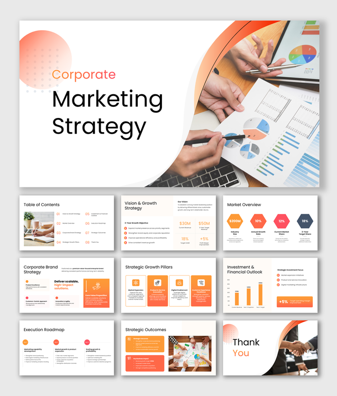 Corporate marketing strategy PPT with orange theme, charts, growth pillars, market overview and execution roadmap slides.