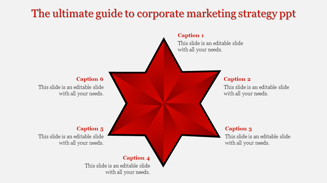 Corporate marketing strategy slide featuring a red star surrounded by six captions in a circular layout.