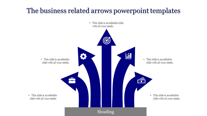 A business related PowerPoint template with five dark blue arrows pointing upward, each featuring a business icon.