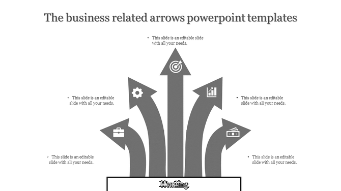Gray themed infographic with five upward pointing arrows featuring icons for business goals and progress indicators.