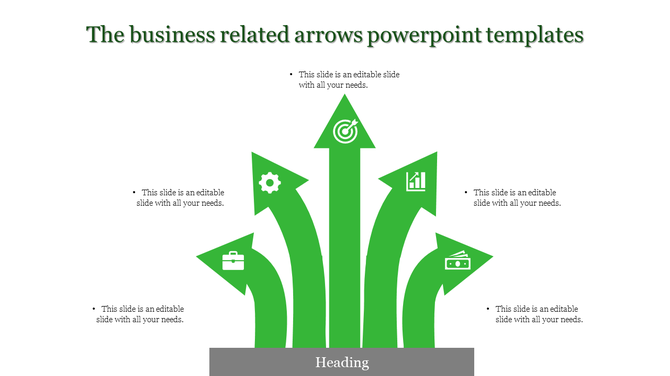 Business related PowerPoint template with five green arrows, each representing different concepts with icons and captions.
