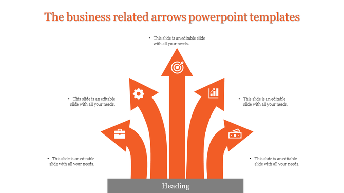 Infographic showing orange arrows representing goals, processes, growth, finance, and management, connected to a gray base.