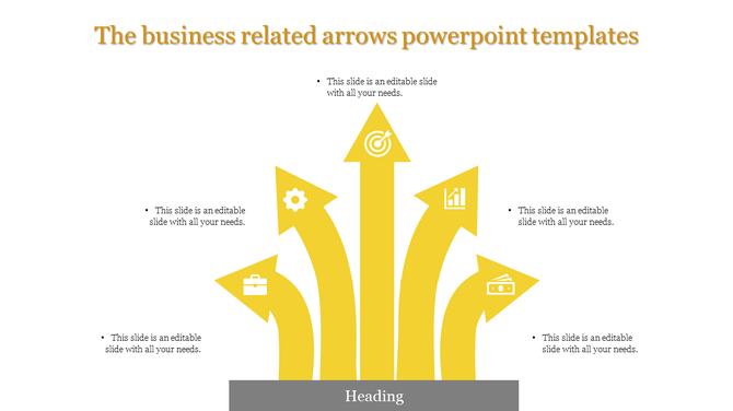 Yellow themed infographic with five upward pointing arrows featuring icons for business goals and progress indicators.