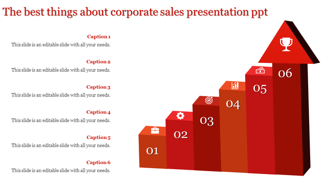 Corporate sales diagram with a red arrow-shaped staircase divided into six numbered steps on a white backdrop.