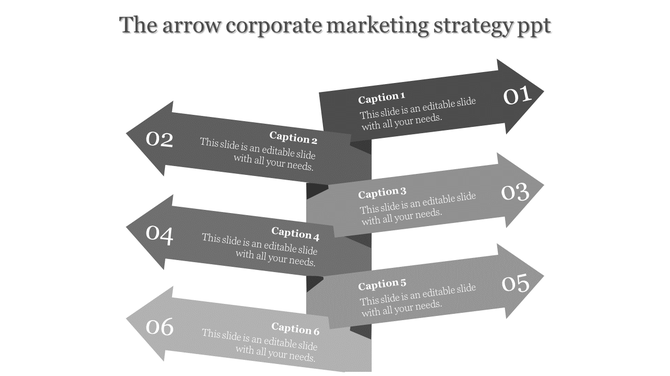 Corporate marketing slide with six gray arrow shapes pointing alternately left and right, numbered 01 to 06.