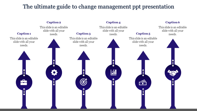 Change management PPT slide with vertical arrows representing different stages of management with captions and icons.