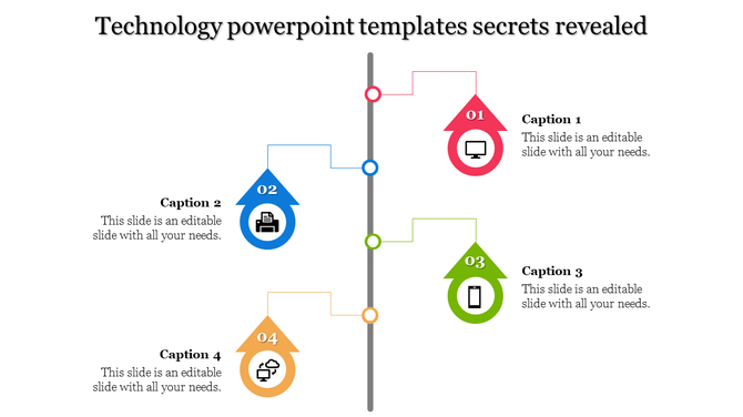 Modern timeline with color-coded directional arrows, highlighting technology icons and captions.