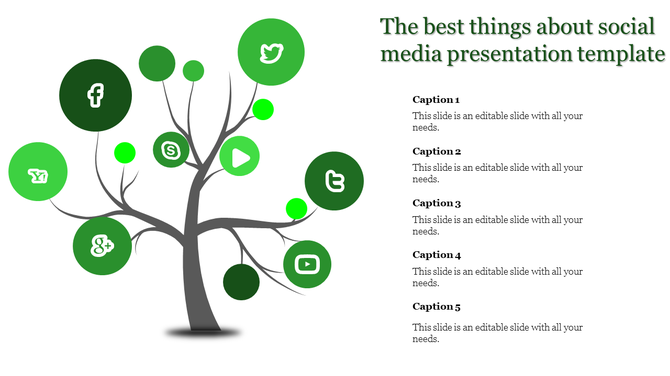 Tree infographic with green social media icons on branches for platforms like Twitter and YouTube.