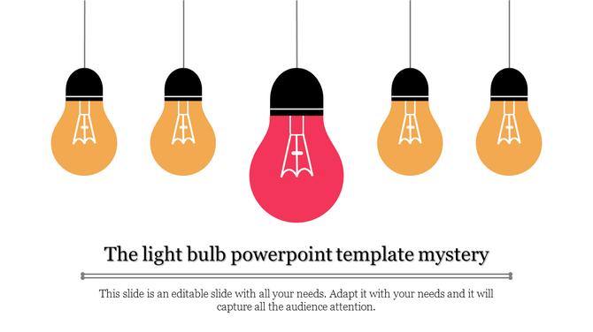 Five hanging light bulbs in black and yellow, with one central bulb in red, representing a unique standout concept.