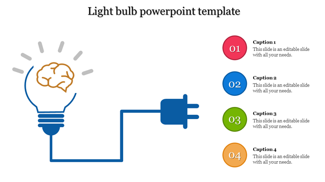 Illustration of a blue light bulb with brain detail, attached to a plug, with four colored caption circles on the right.