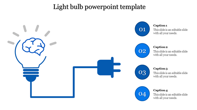 Blue light bulb with brain and plug illustration, linked to four numbered circles with captions.