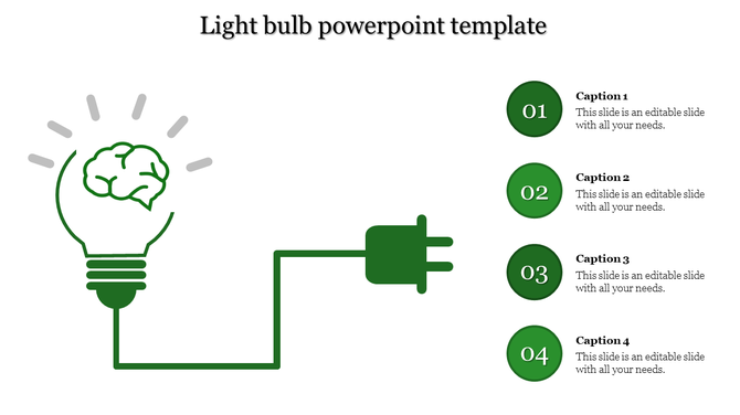 Green light bulb with a brain inside, connected to a plug on the left, and four numbered green circles on the right.