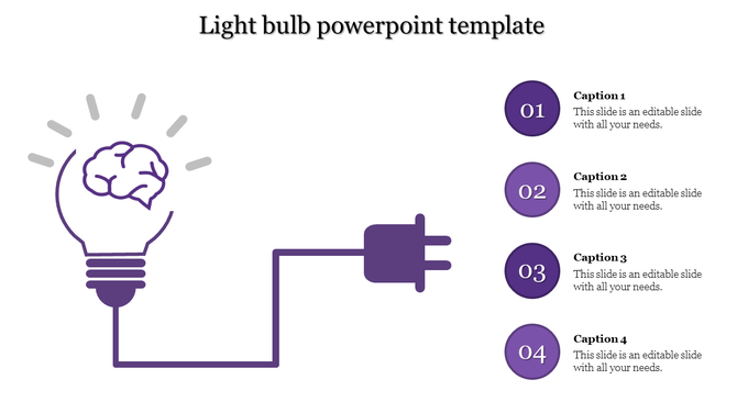 Light bulb PowerPoint template with a brain illustration, plug design, and four numbered captions in purple theme.