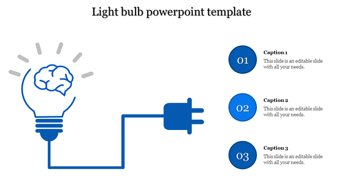 Creative idea concept slide displaying a blue light bulb connected to a power cord, with three circular steps.