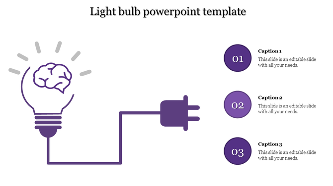 Purple light bulb PowerPoint template featuring a brain icon inside a bulb connected to a plug with three captions.