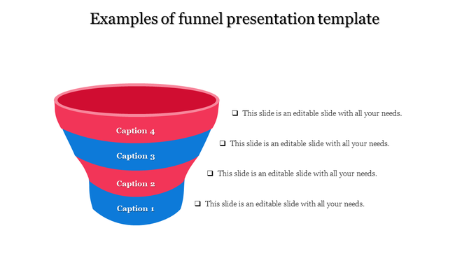 Funnel PPT template with four segments in red and blue, each section accompanied by a caption.
